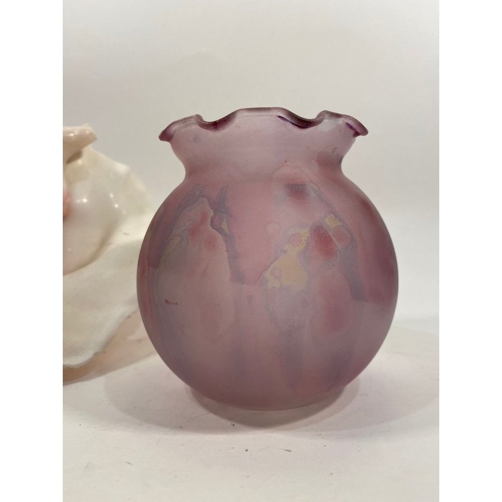 Rueven Art Nouvea Glass Round Ribbon Vase /Rare 4"/Made in Israel